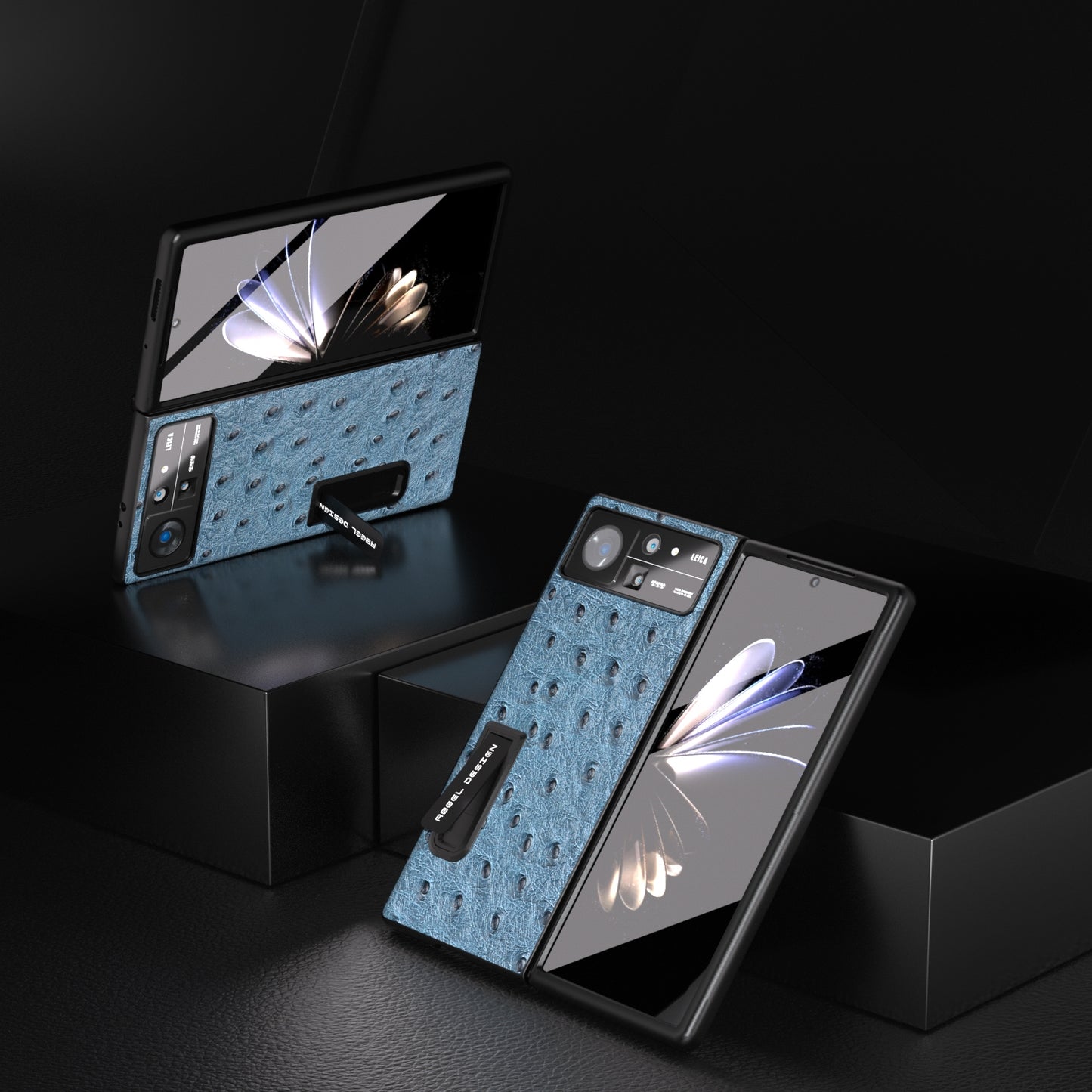 For Xiaomi Mix Fold 2 Integrated Genuine Leather Ostrich Texture Phone Case with Holder(Blue)