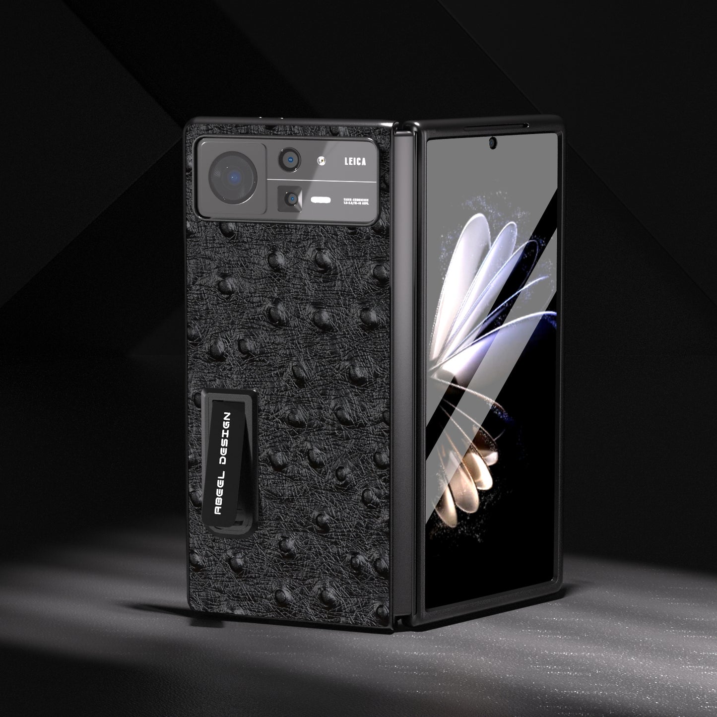For Xiaomi Mix Fold 2 Integrated Genuine Leather Ostrich Texture Phone Case with Holder(Black)