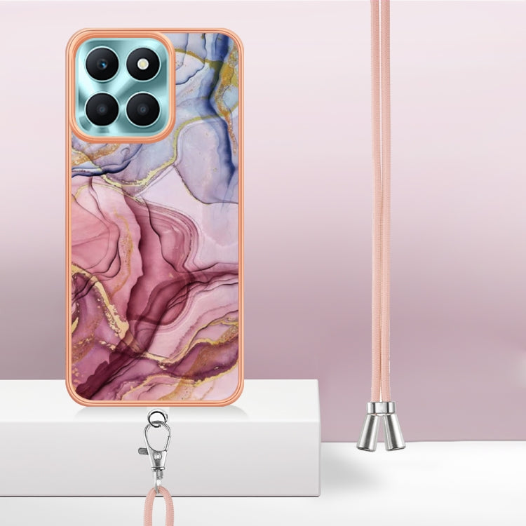 For Honor X6a Electroplating Marble Dual-side IMD Phone Case with Lanyard(Rose Red 014)