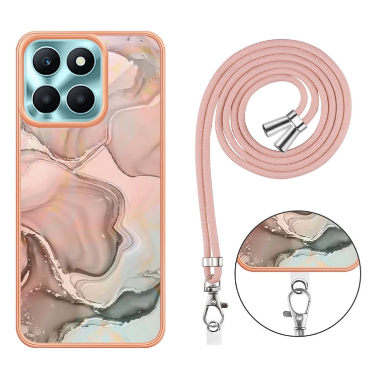 For Honor X6a Electroplating Marble Dual-side IMD Phone Case with Lanyard(Rose Gold 015)