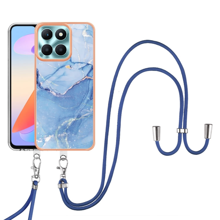 For Honor X6a Electroplating Marble Dual-side IMD Phone Case with Lanyard(Blue 018)
