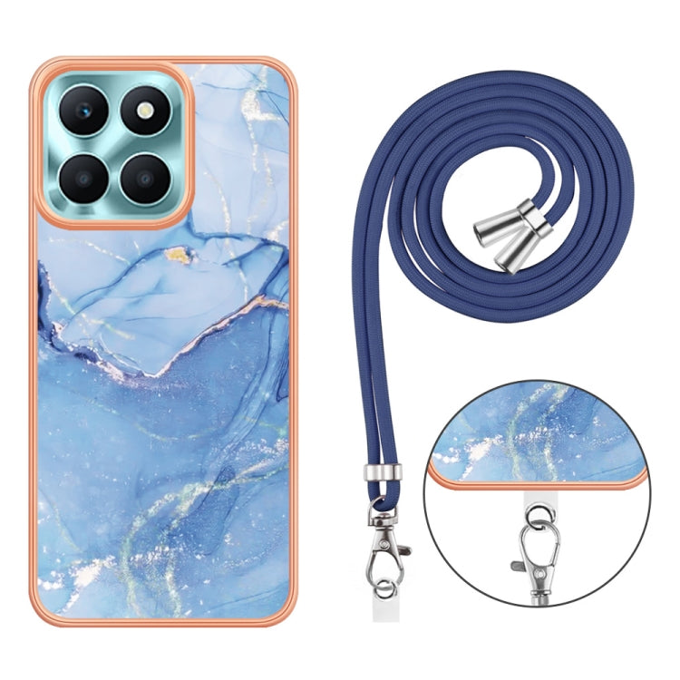 For Honor X6a Electroplating Marble Dual-side IMD Phone Case with Lanyard(Blue 018)