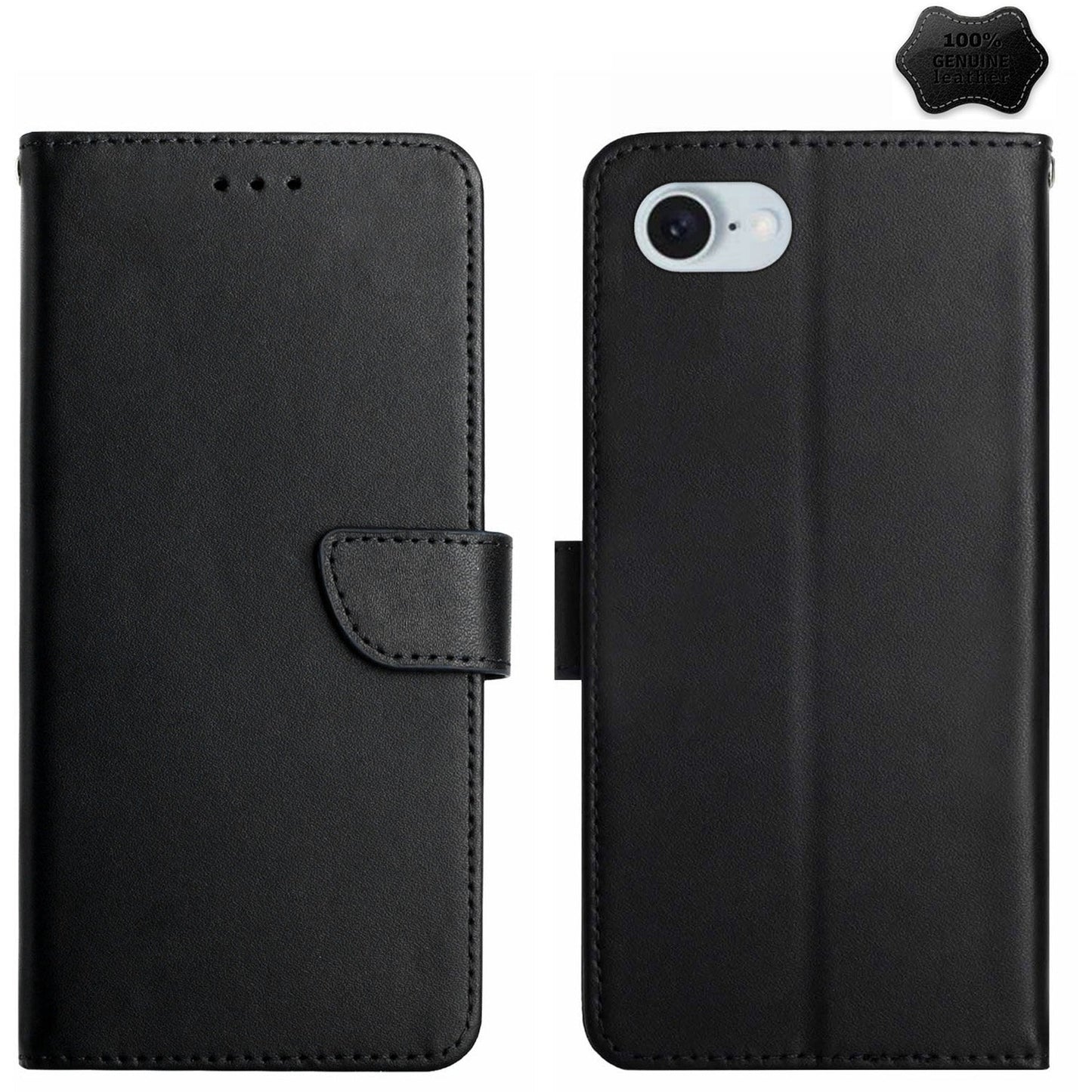 For iPhone 16e Genuine Leather Fingerprint-proof Flip Phone Case(Black)