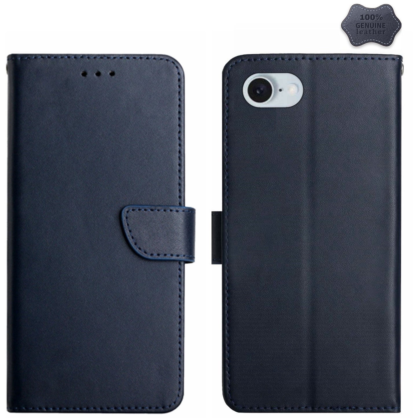 For iPhone 16e Genuine Leather Fingerprint-proof Flip Phone Case(Blue)