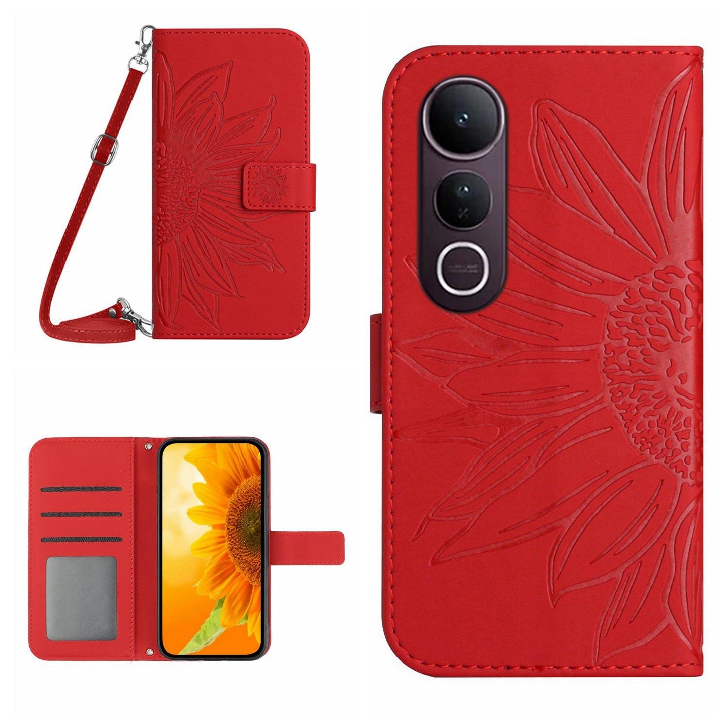 For vivo V50 Lite 5G Skin Feel Sun Flower Embossed Flip Leather Phone Case with Lanyard(Red)
