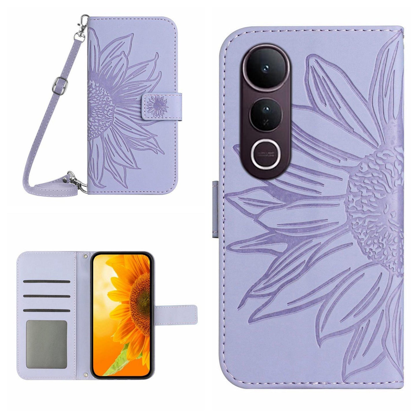 For vivo V50 Lite 5G Skin Feel Sun Flower Embossed Flip Leather Phone Case with Lanyard(Purple)