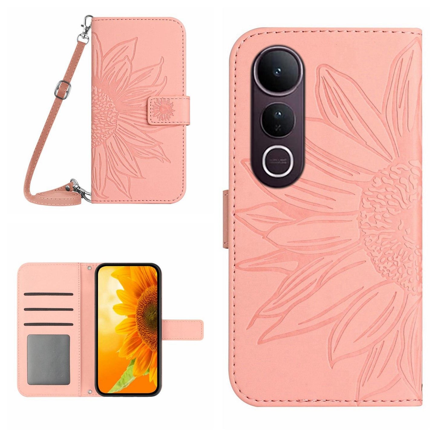 For vivo V50 Lite 5G Skin Feel Sun Flower Embossed Flip Leather Phone Case with Lanyard(Pink)