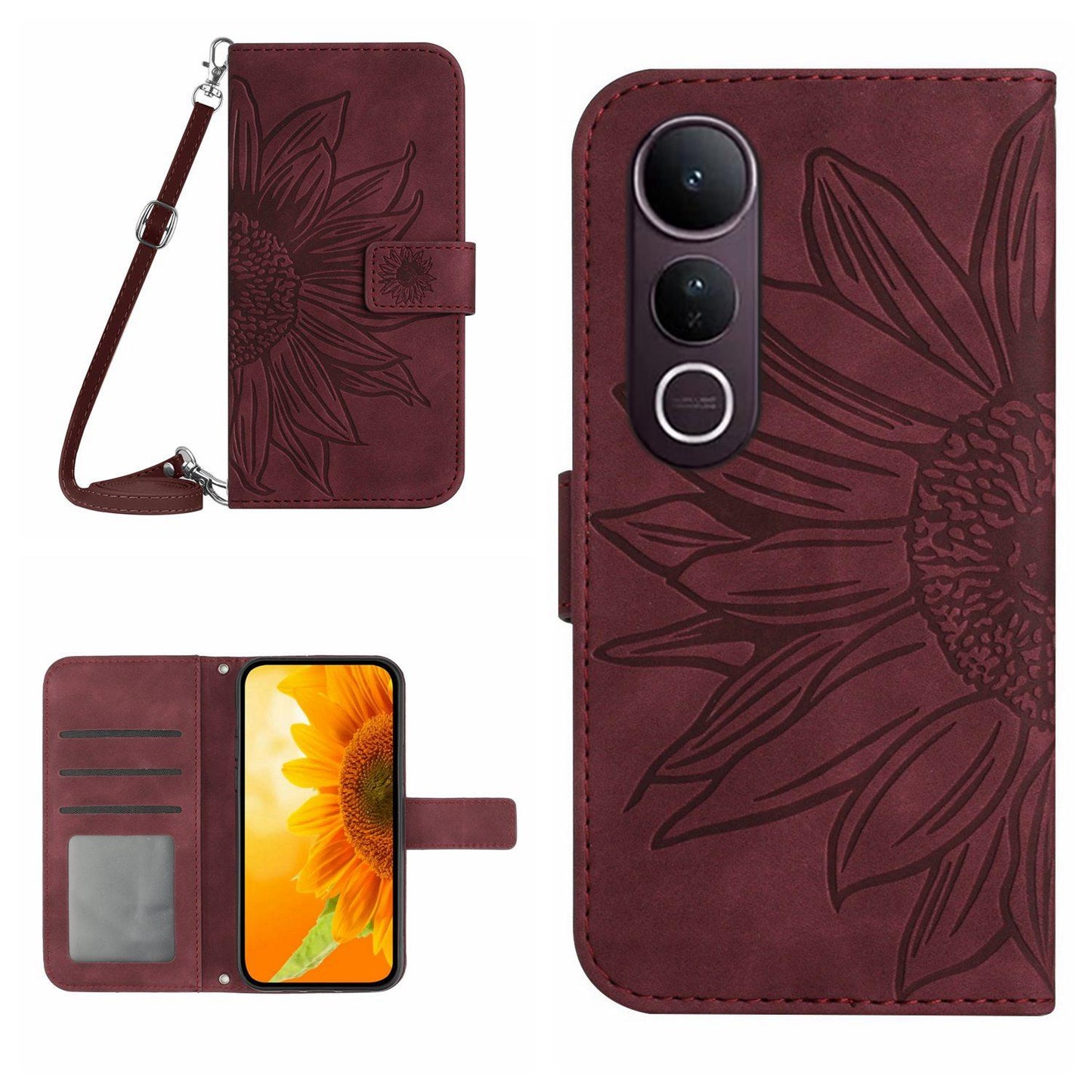 For vivo V50 Lite 5G Skin Feel Sun Flower Embossed Flip Leather Phone Case with Lanyard(Wine Red)