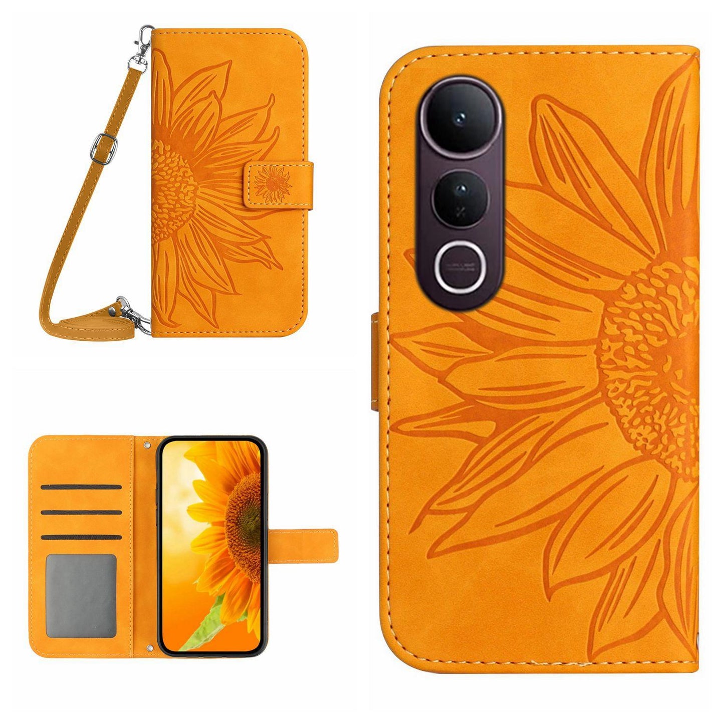 For vivo V50 Lite 5G Skin Feel Sun Flower Embossed Flip Leather Phone Case with Lanyard(Yellow)