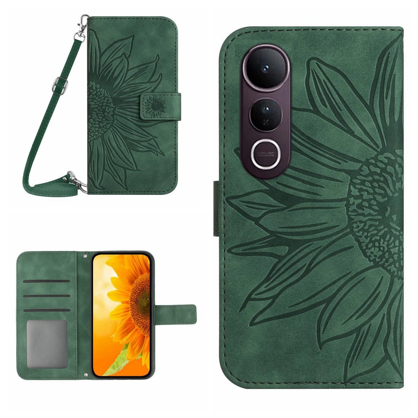 For vivo V50 Lite 5G Skin Feel Sun Flower Embossed Flip Leather Phone Case with Lanyard(Green)