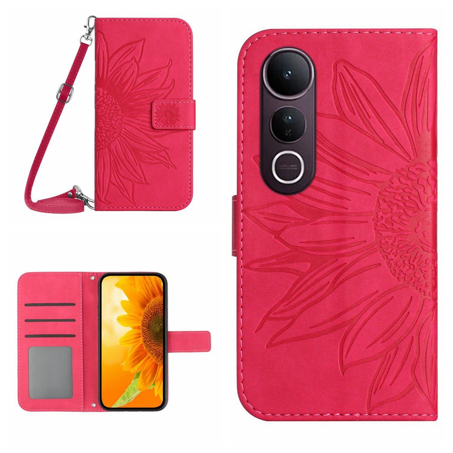 For vivo V50 Lite 5G Skin Feel Sun Flower Embossed Flip Leather Phone Case with Lanyard(Rose Red)