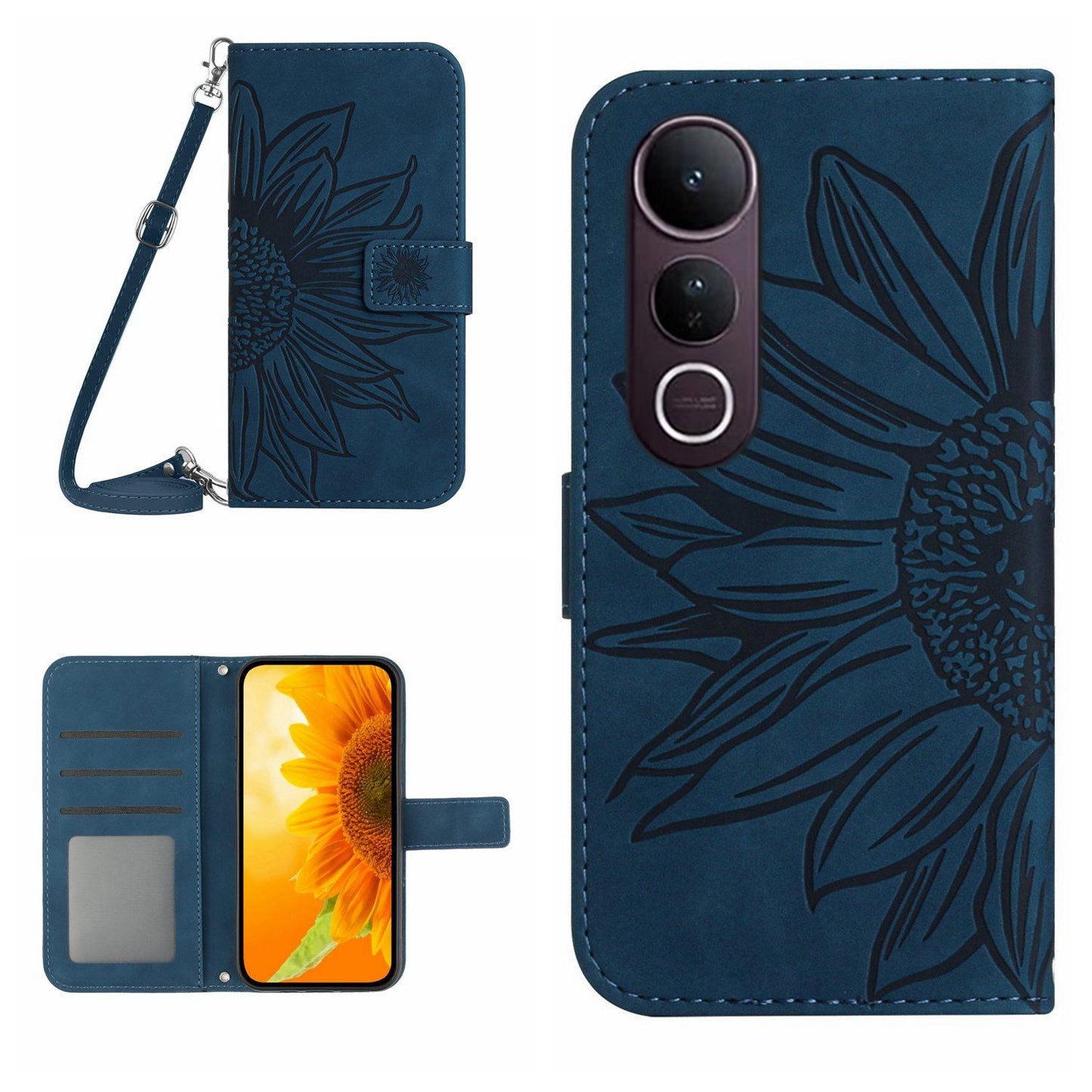 For vivo V50 Lite 5G Skin Feel Sun Flower Embossed Flip Leather Phone Case with Lanyard(Inky Blue)