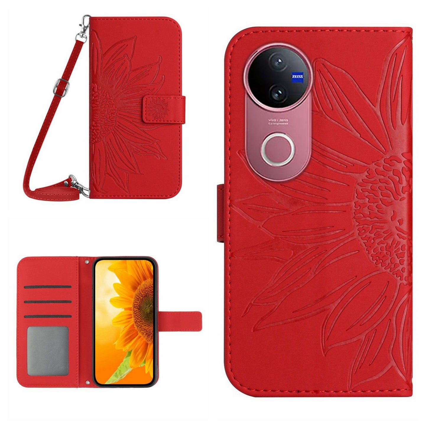 For vivo V50 5G Global Skin Feel Sun Flower Embossed Flip Leather Phone Case with Lanyard(Red)