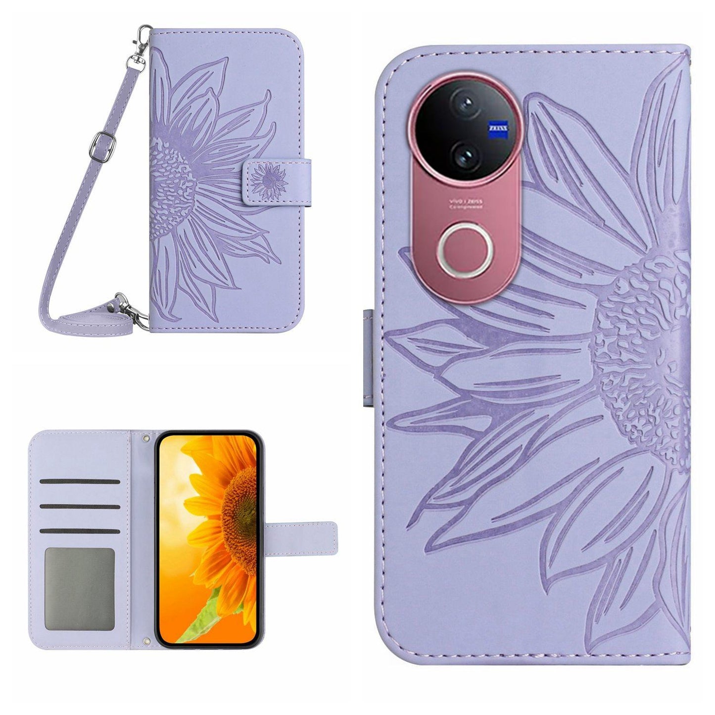 For vivo V50 5G Global Skin Feel Sun Flower Embossed Flip Leather Phone Case with Lanyard(Purple)