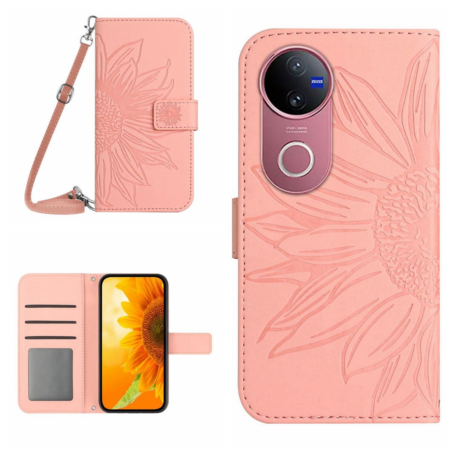 For vivo V50 5G Global Skin Feel Sun Flower Embossed Flip Leather Phone Case with Lanyard(Pink)