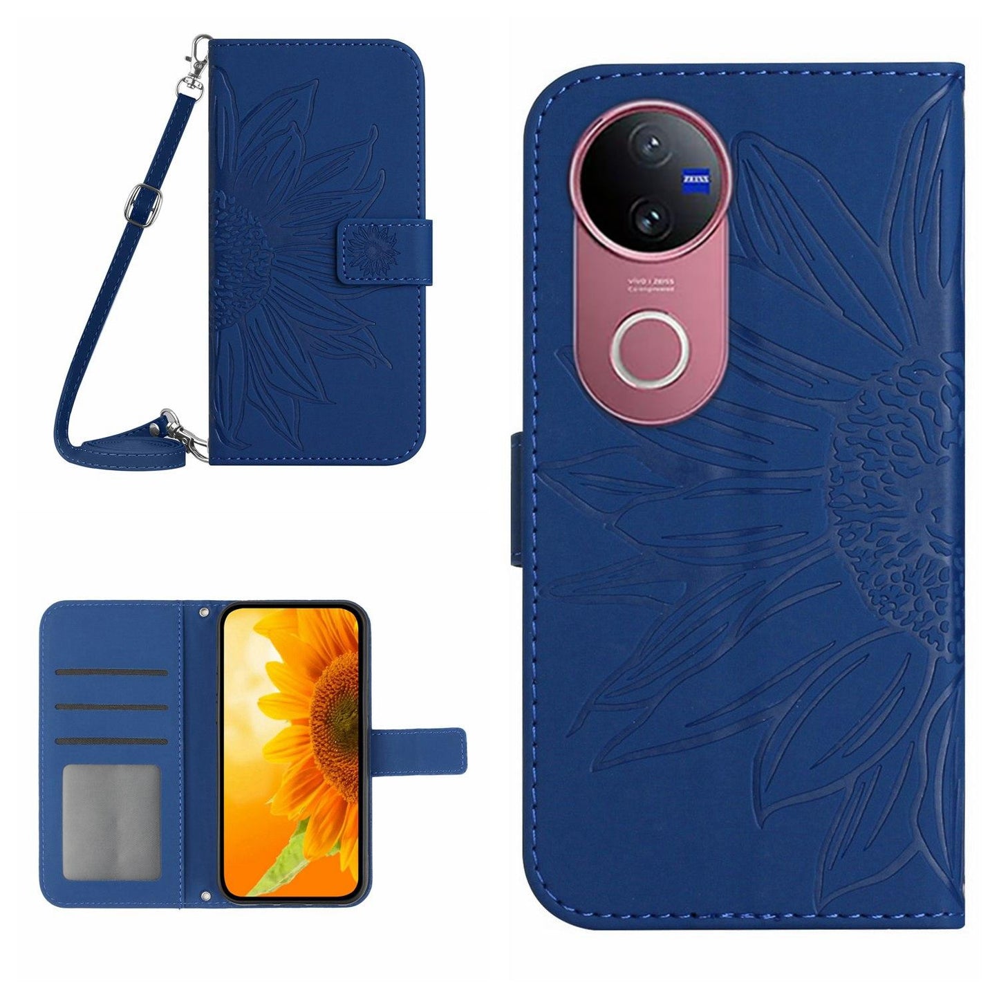 For vivo V50 5G Global Skin Feel Sun Flower Embossed Flip Leather Phone Case with Lanyard(Dark Blue)