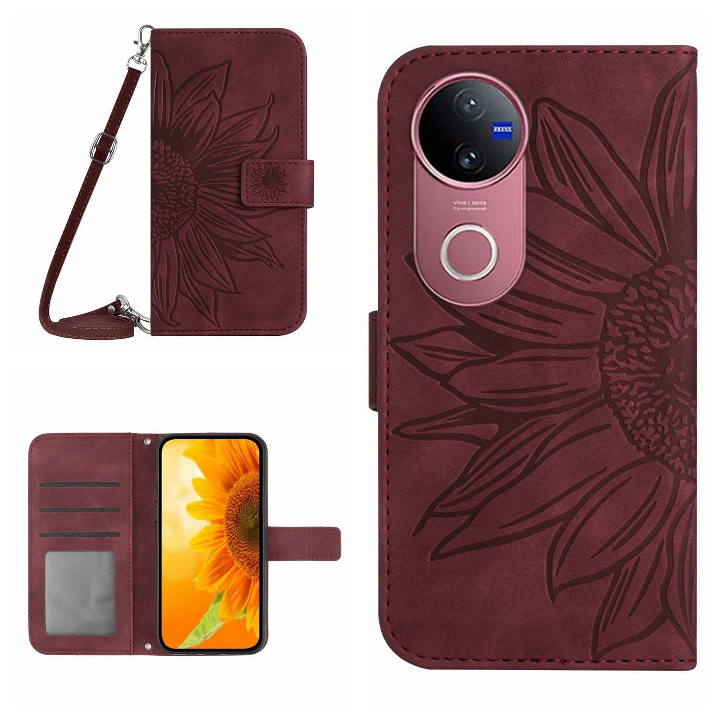 For vivo V50 5G Global Skin Feel Sun Flower Embossed Flip Leather Phone Case with Lanyard(Wine Red)