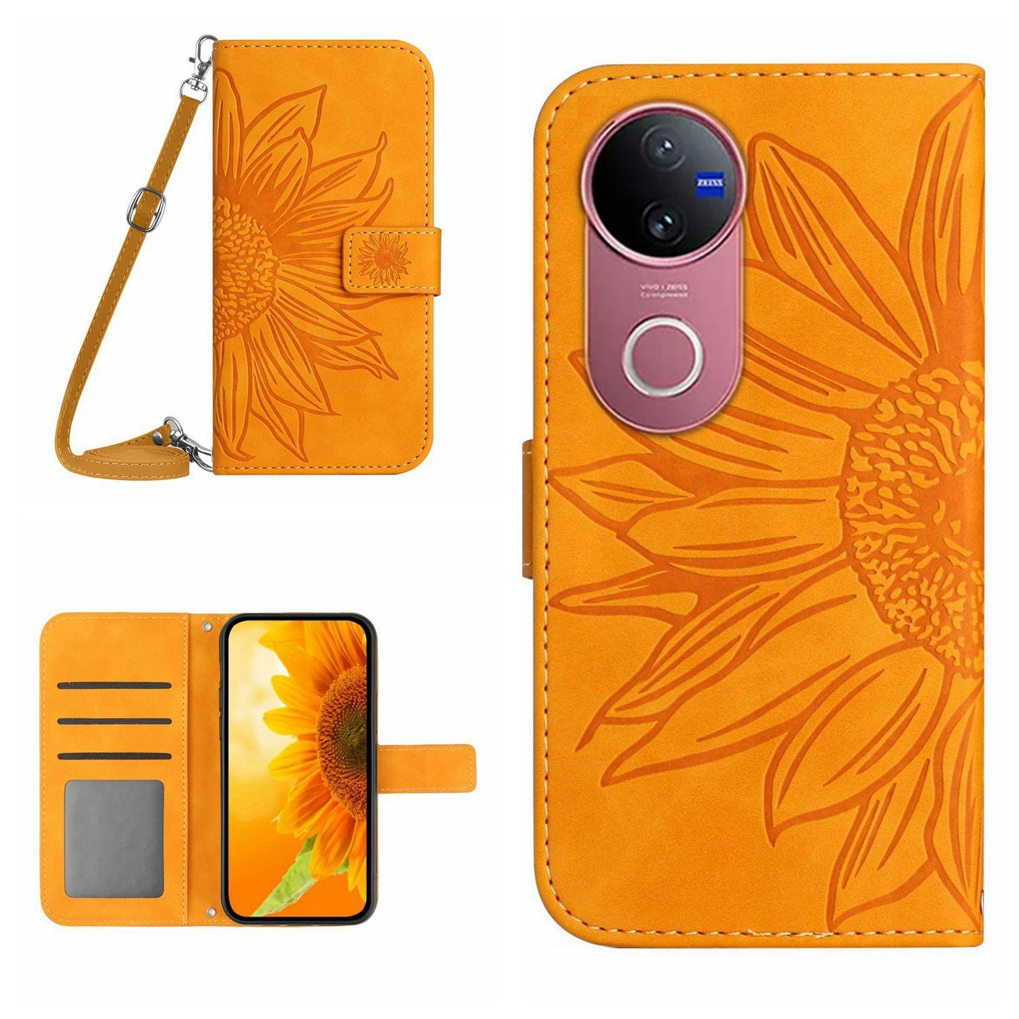 For vivo V50 5G Global Skin Feel Sun Flower Embossed Flip Leather Phone Case with Lanyard(Yellow)
