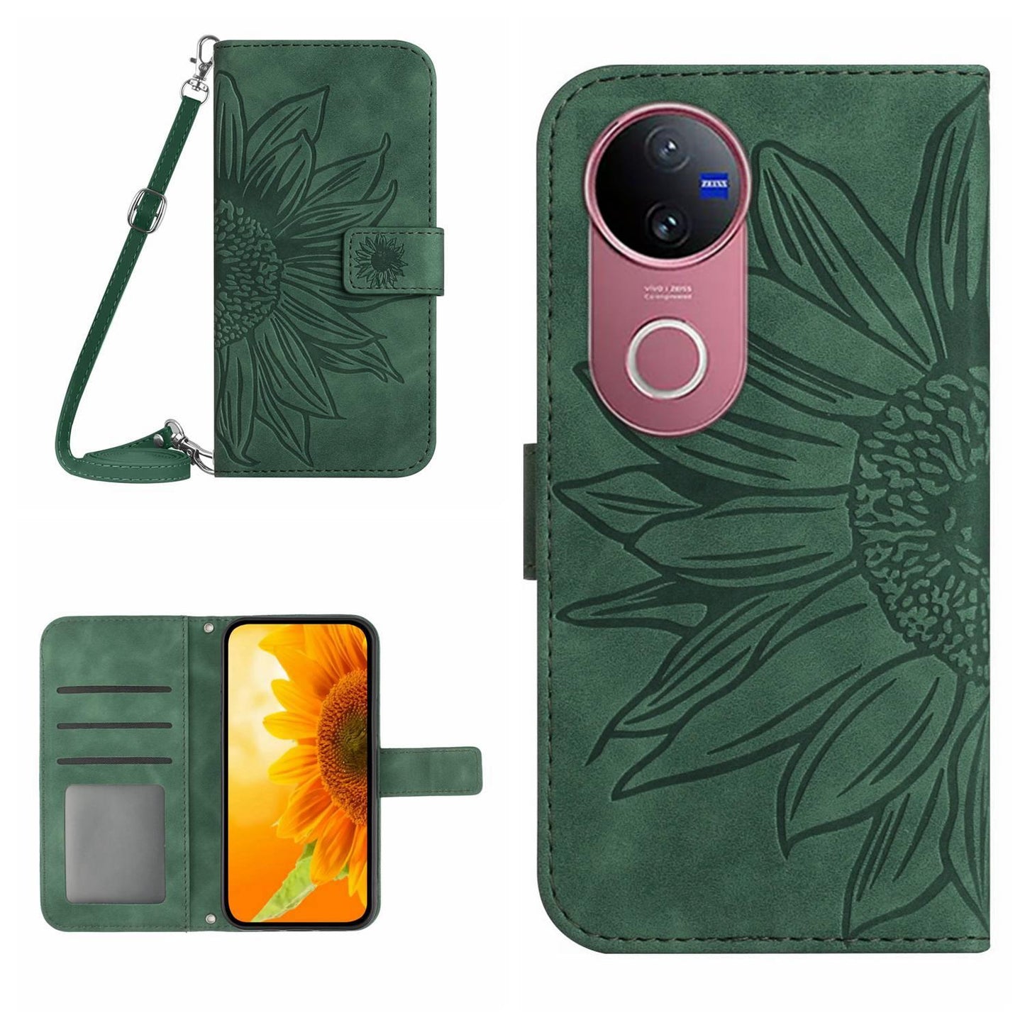 For vivo V50 5G Global Skin Feel Sun Flower Embossed Flip Leather Phone Case with Lanyard(Green)
