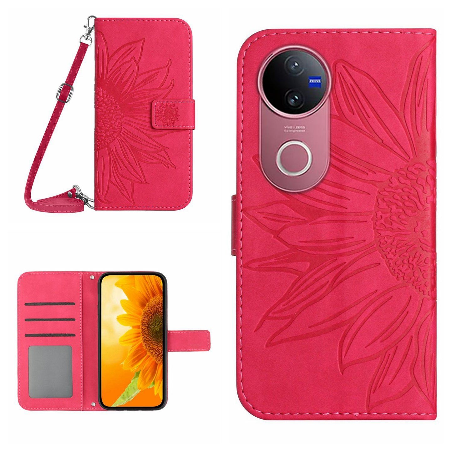 For vivo V50 5G Global Skin Feel Sun Flower Embossed Flip Leather Phone Case with Lanyard(Rose Red)