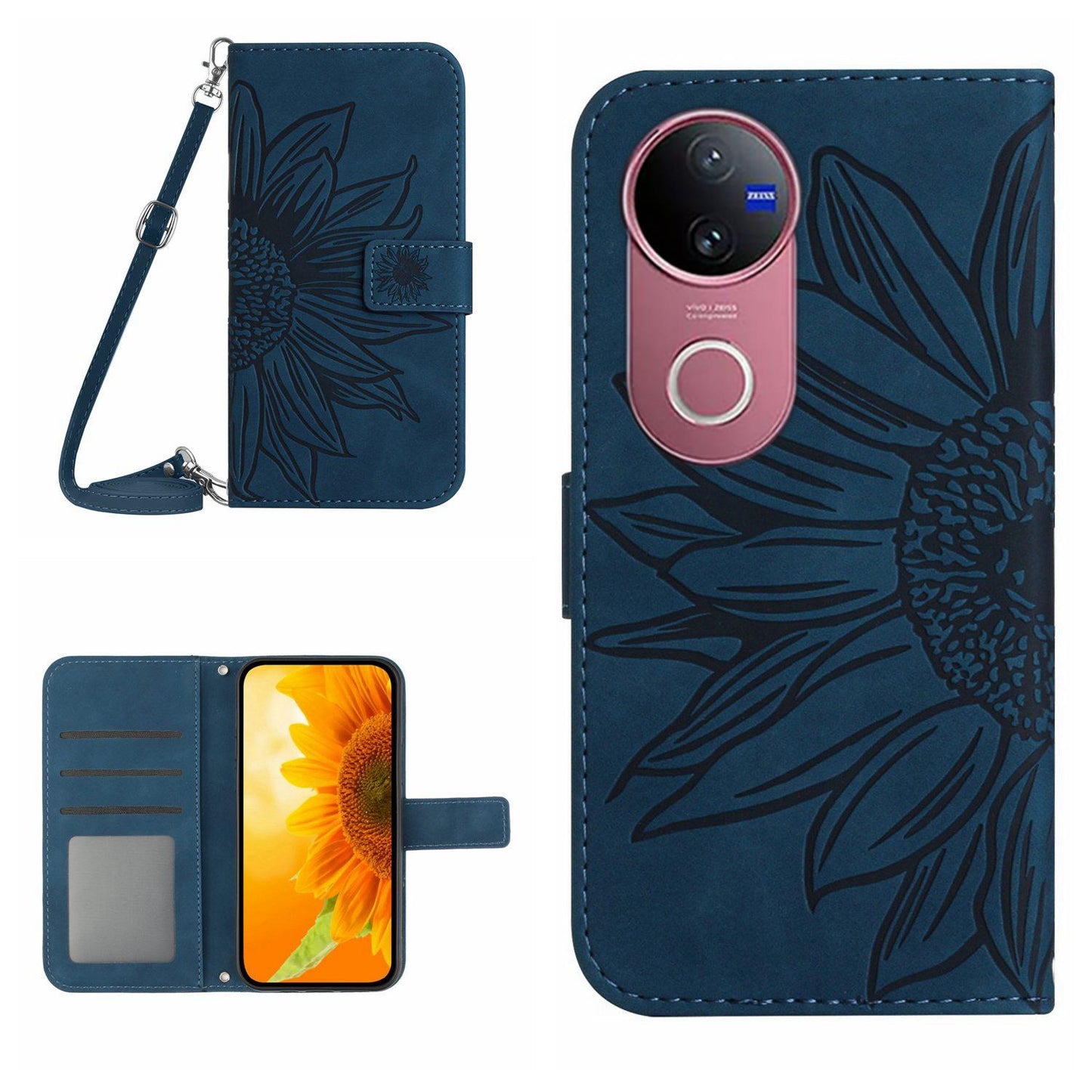 For vivo V50 5G Global Skin Feel Sun Flower Embossed Flip Leather Phone Case with Lanyard(Inky Blue)