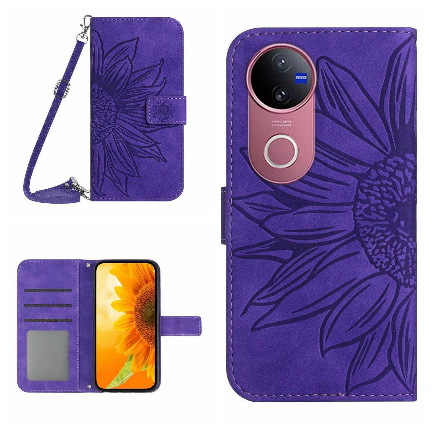 For vivo V50 5G Global Skin Feel Sun Flower Embossed Flip Leather Phone Case with Lanyard(Dark Purple)