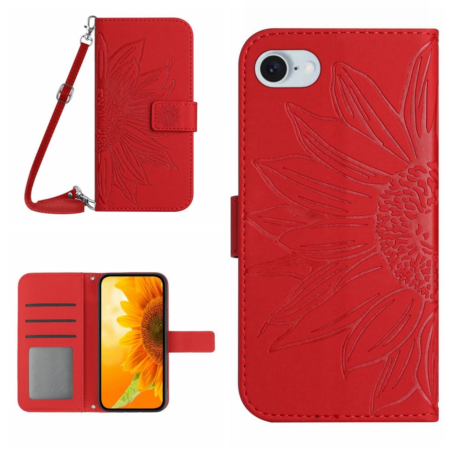 For iPhone 16e Skin Feel Sun Flower Embossed Flip Leather Phone Case with Lanyard(Red)