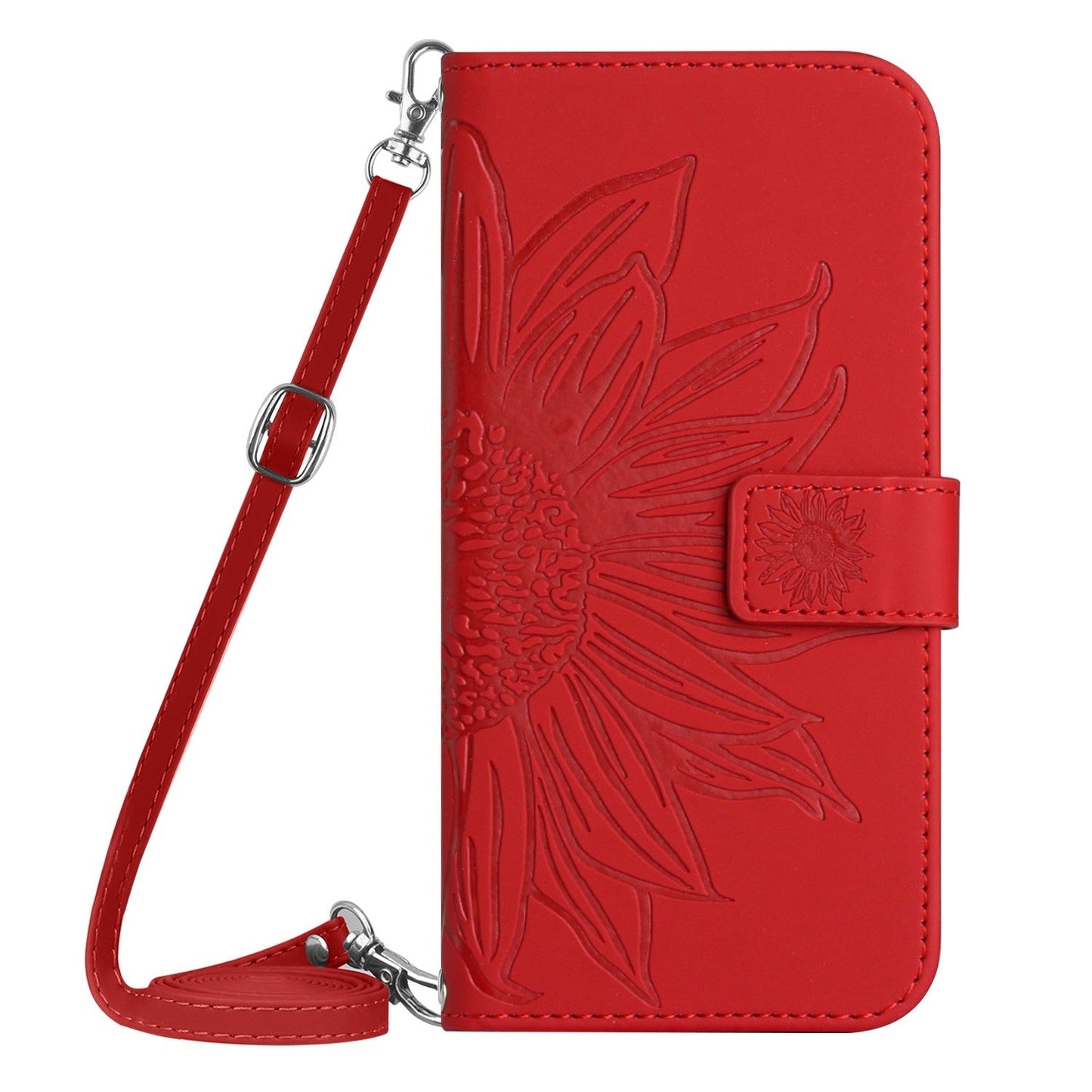 For iPhone 16e Skin Feel Sun Flower Embossed Flip Leather Phone Case with Lanyard(Red)