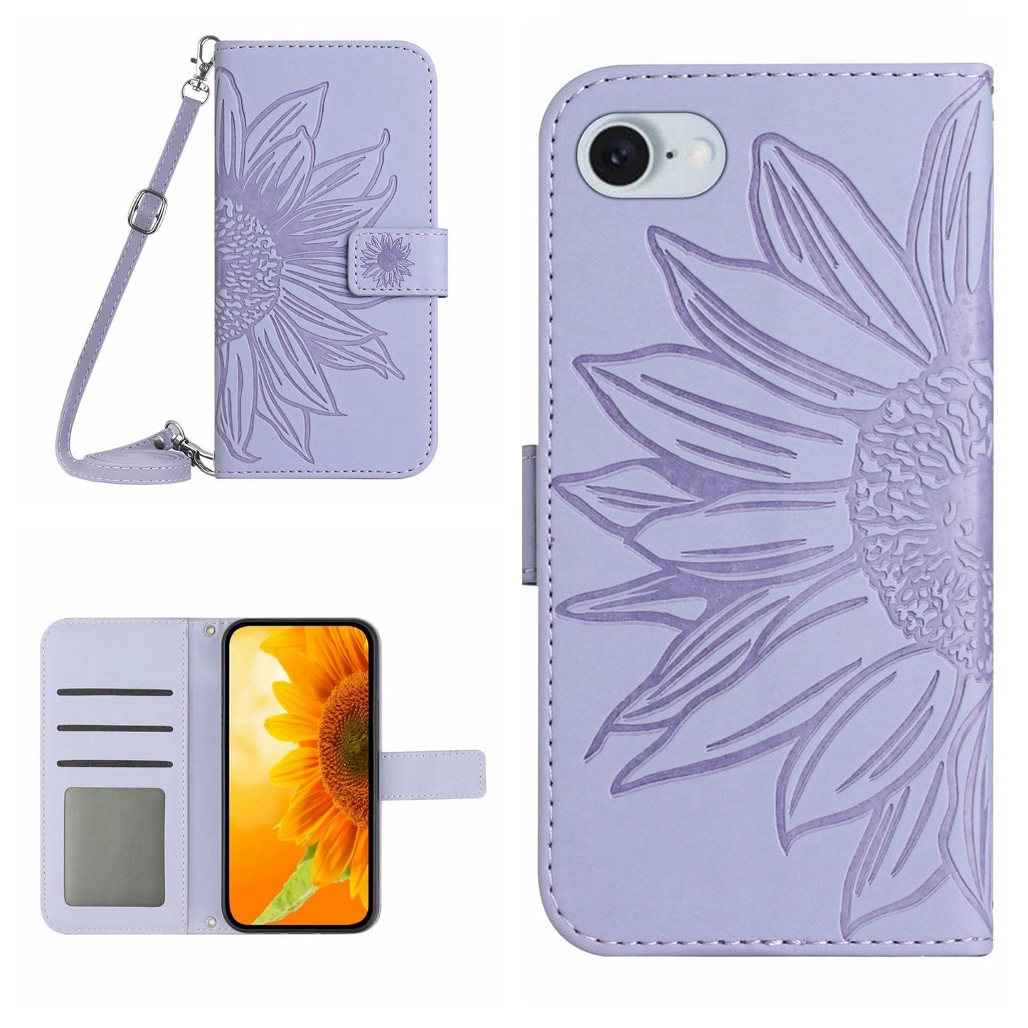 For iPhone 16e Skin Feel Sun Flower Embossed Flip Leather Phone Case with Lanyard(Purple)