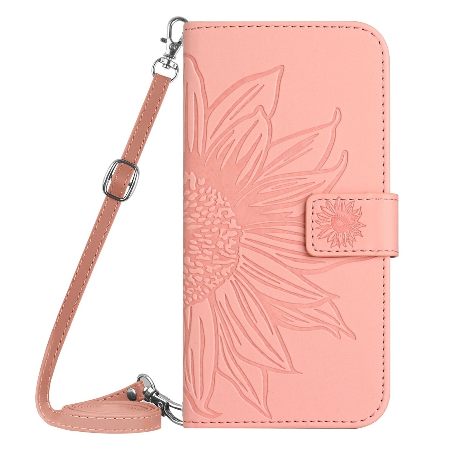 For iPhone 16e Skin Feel Sun Flower Embossed Flip Leather Phone Case with Lanyard(Pink)
