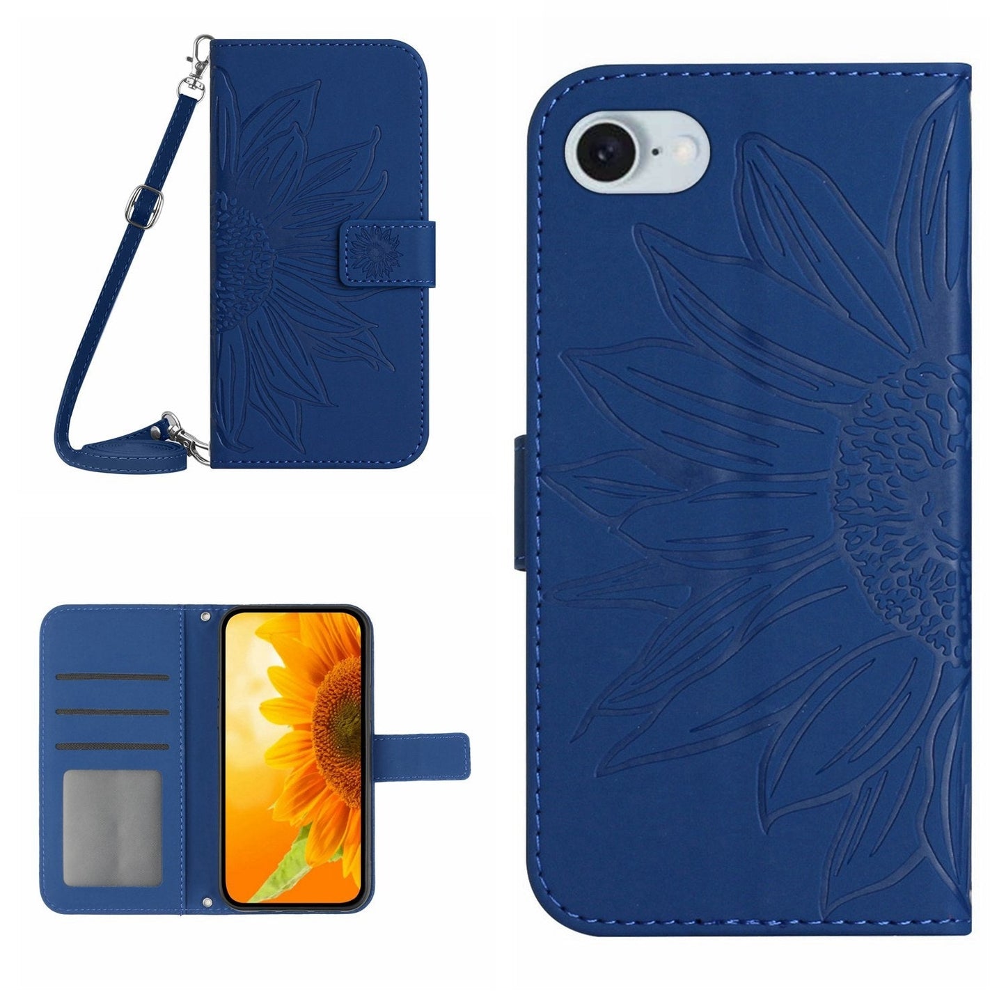 For iPhone 16e Skin Feel Sun Flower Embossed Flip Leather Phone Case with Lanyard(Dark Blue)