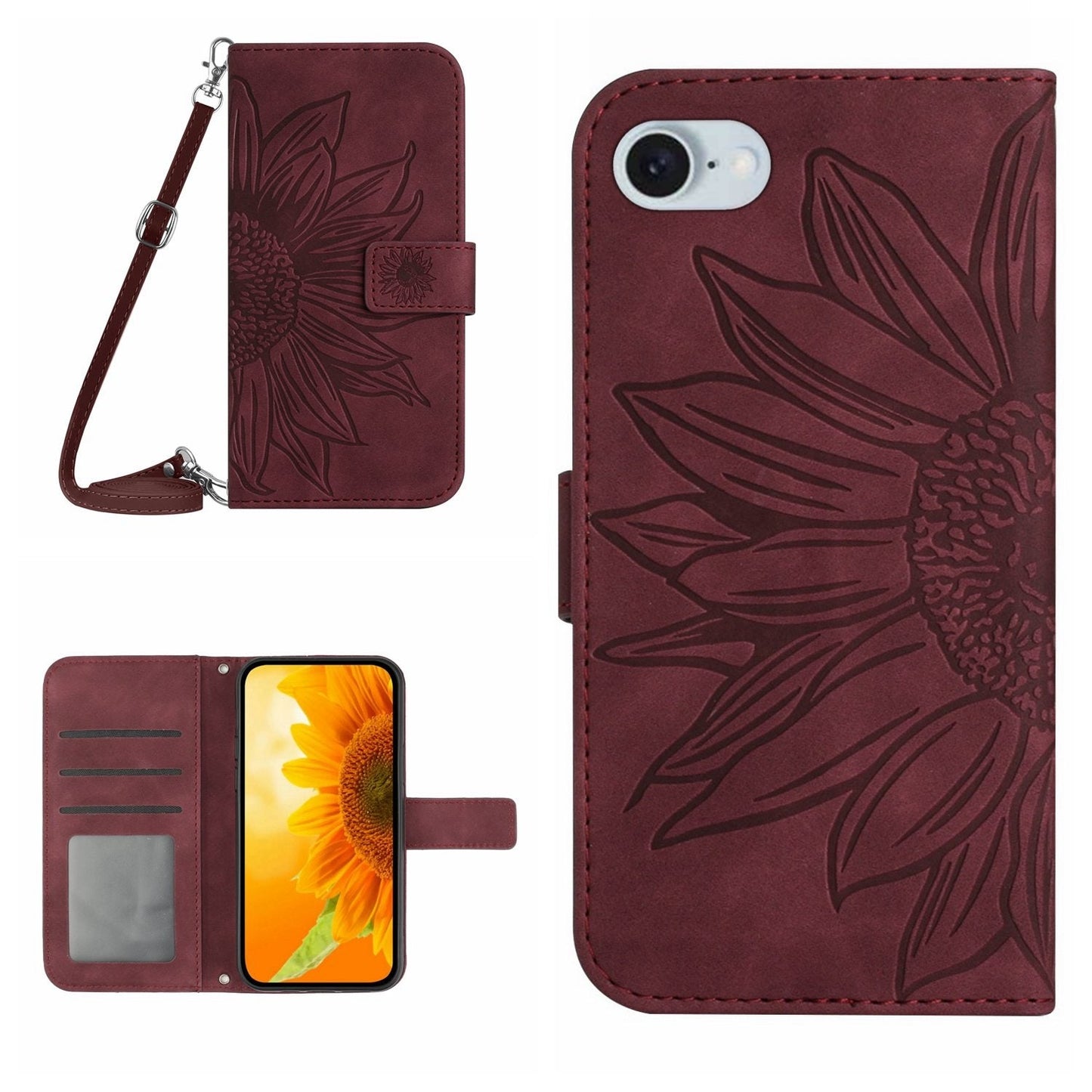 For iPhone 16e Skin Feel Sun Flower Embossed Flip Leather Phone Case with Lanyard(Wine Red)