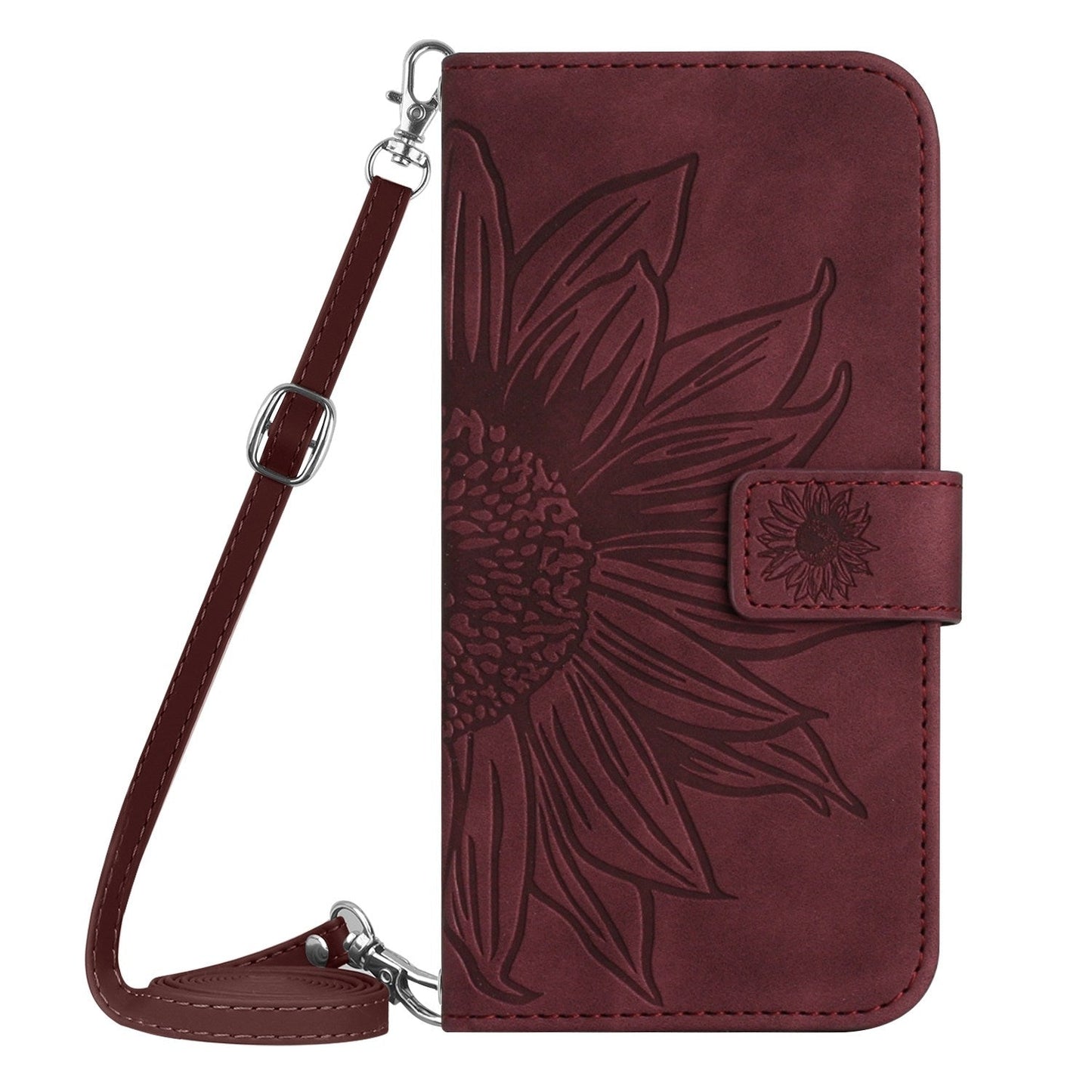 For iPhone 16e Skin Feel Sun Flower Embossed Flip Leather Phone Case with Lanyard(Wine Red)