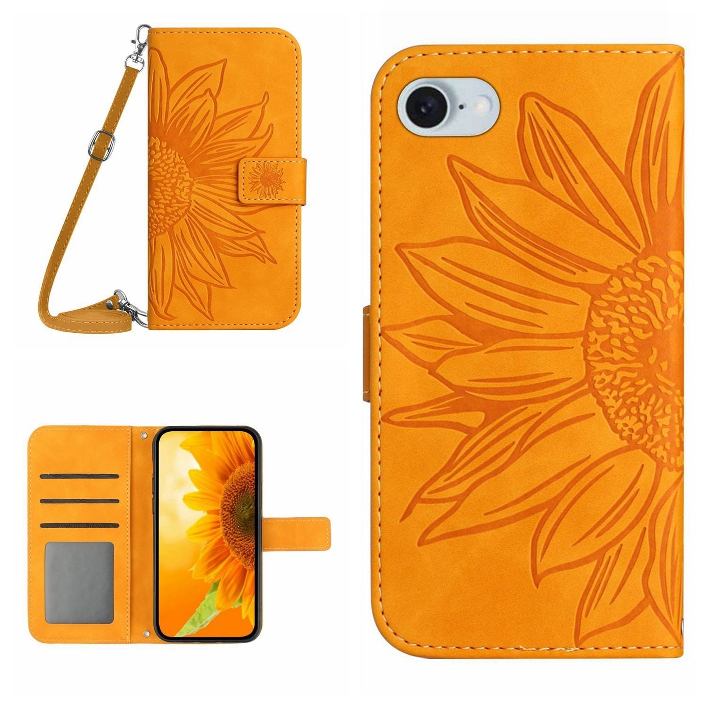 For iPhone 16e Skin Feel Sun Flower Embossed Flip Leather Phone Case with Lanyard(Yellow)