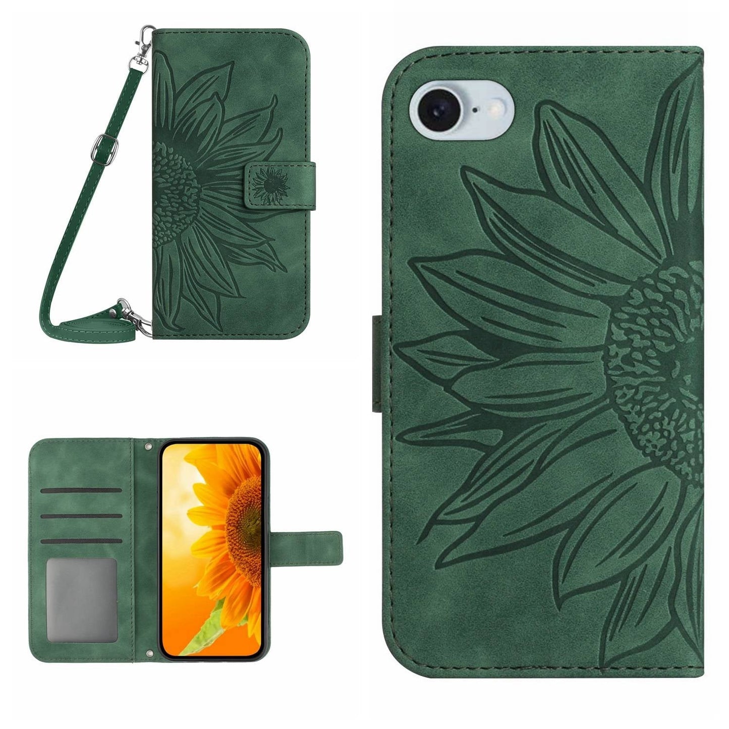 For iPhone 16e Skin Feel Sun Flower Embossed Flip Leather Phone Case with Lanyard(Green)