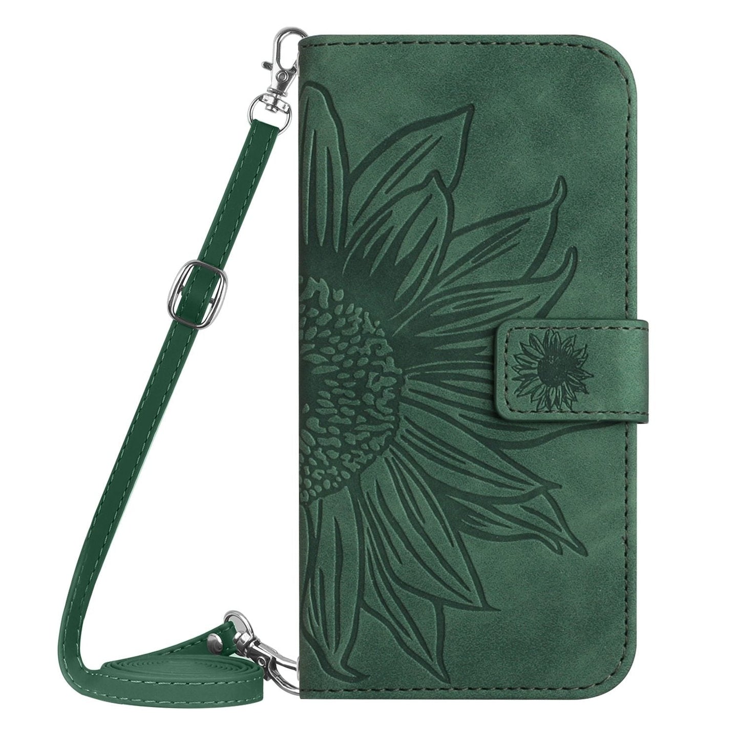 For iPhone 16e Skin Feel Sun Flower Embossed Flip Leather Phone Case with Lanyard(Green)