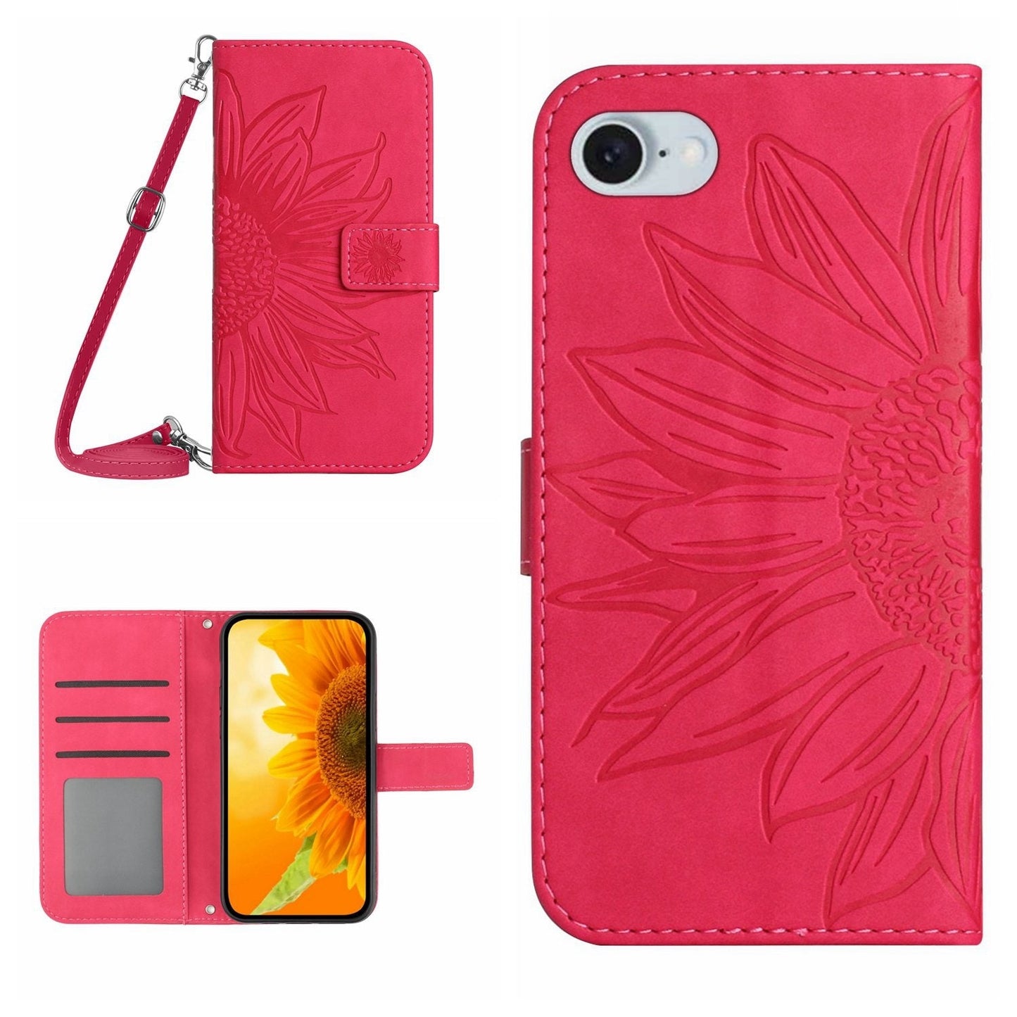 For iPhone 16e Skin Feel Sun Flower Embossed Flip Leather Phone Case with Lanyard(Rose Red)