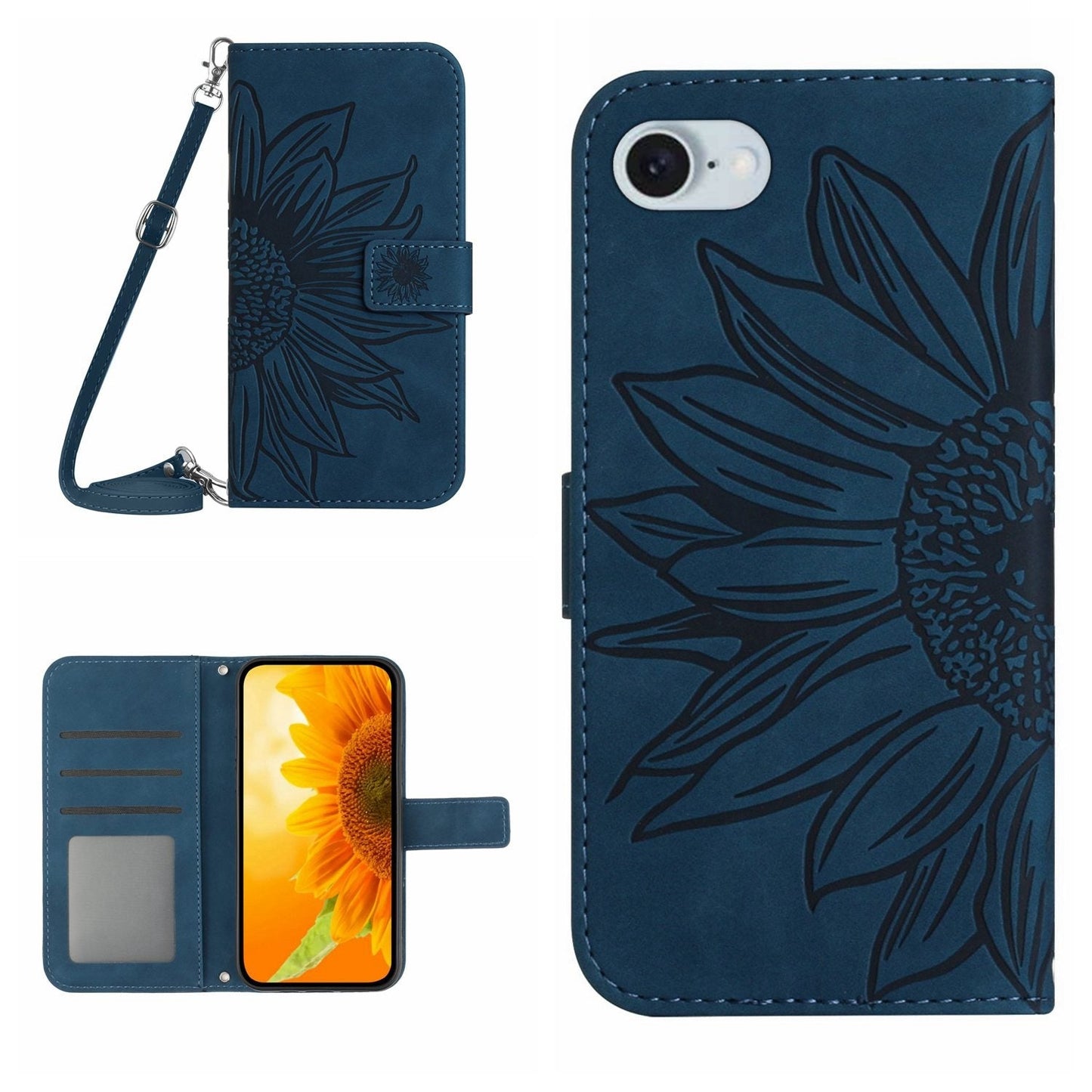 For iPhone 16e Skin Feel Sun Flower Embossed Flip Leather Phone Case with Lanyard(Inky Blue)