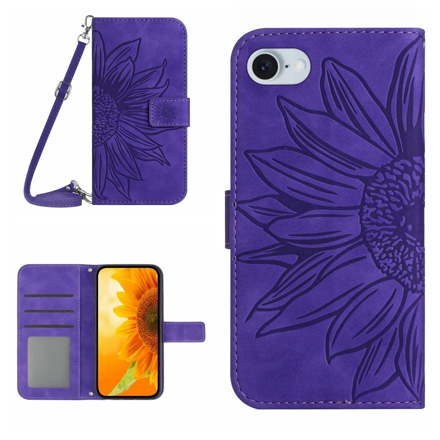 For iPhone 16e Skin Feel Sun Flower Embossed Flip Leather Phone Case with Lanyard(Dark Purple)