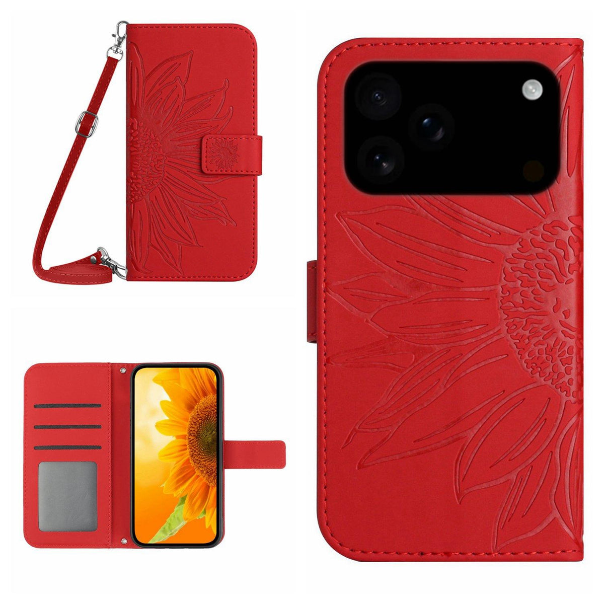 Compatible with iPhone 18 Pro Max & 17 Pro Max Skin Feel Sun Flower Embossed Flip Leather Phone Case with Lanyard - Red