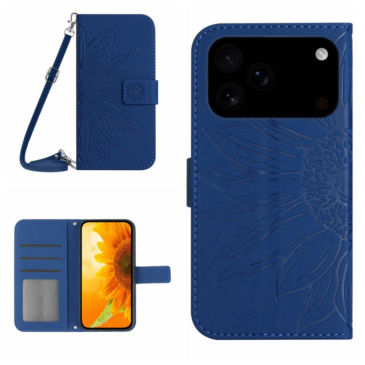 Compatible with iPhone 18 Pro Max & 17 Pro Max Skin Feel Sun Flower Embossed Flip Leather Phone Case with Lanyard - Dark Blue