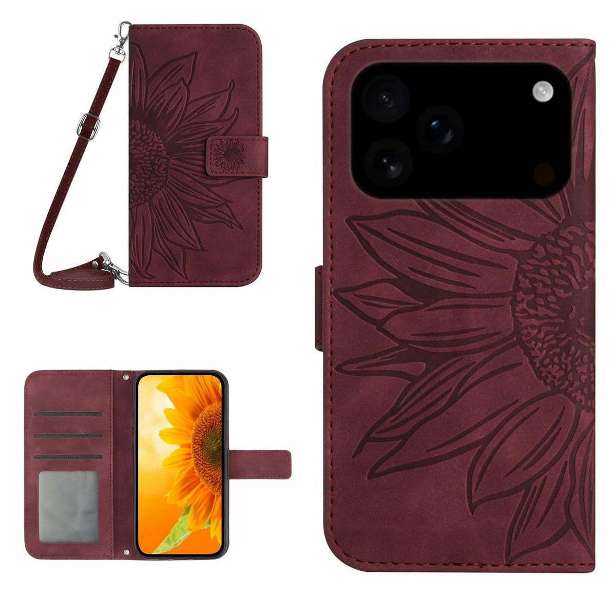 Compatible with iPhone 18 Pro Max & 17 Pro Max Skin Feel Sun Flower Embossed Flip Leather Phone Case with Lanyard - Wine Red
