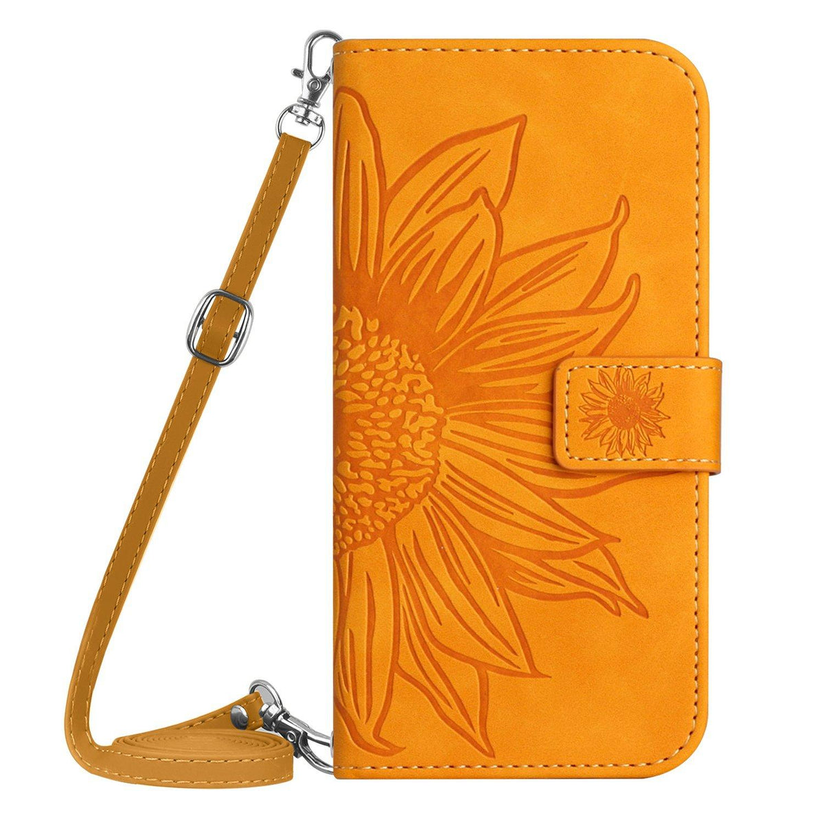 Compatible with iPhone 18 Pro Max & 17 Pro Max Skin Feel Sun Flower Embossed Flip Leather Phone Case with Lanyard - Yellow