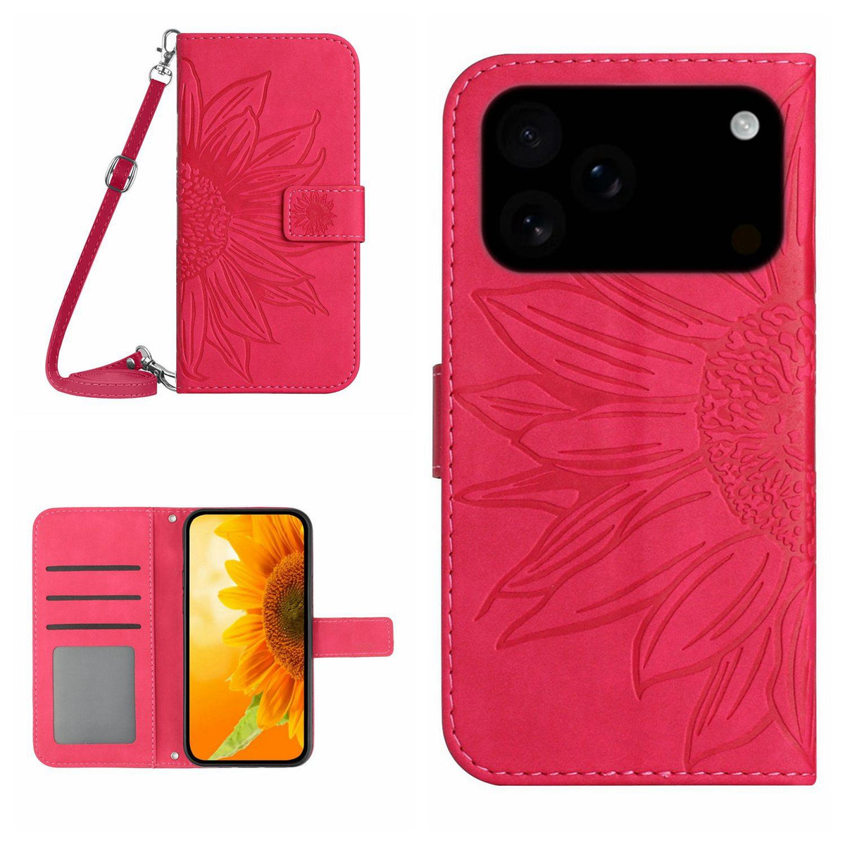 Compatible with iPhone 18 Pro Max & 17 Pro Max Skin Feel Sun Flower Embossed Flip Leather Phone Case with Lanyard - Rose Red