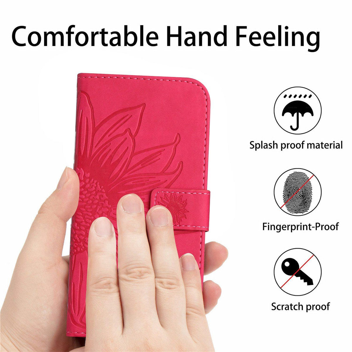 Compatible with iPhone 18 Pro Max & 17 Pro Max Skin Feel Sun Flower Embossed Flip Leather Phone Case with Lanyard - Rose Red