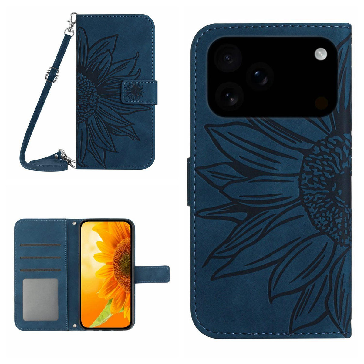 Compatible with iPhone 18 Pro Max & 17 Pro Max Skin Feel Sun Flower Embossed Flip Leather Phone Case with Lanyard - Inky Blue