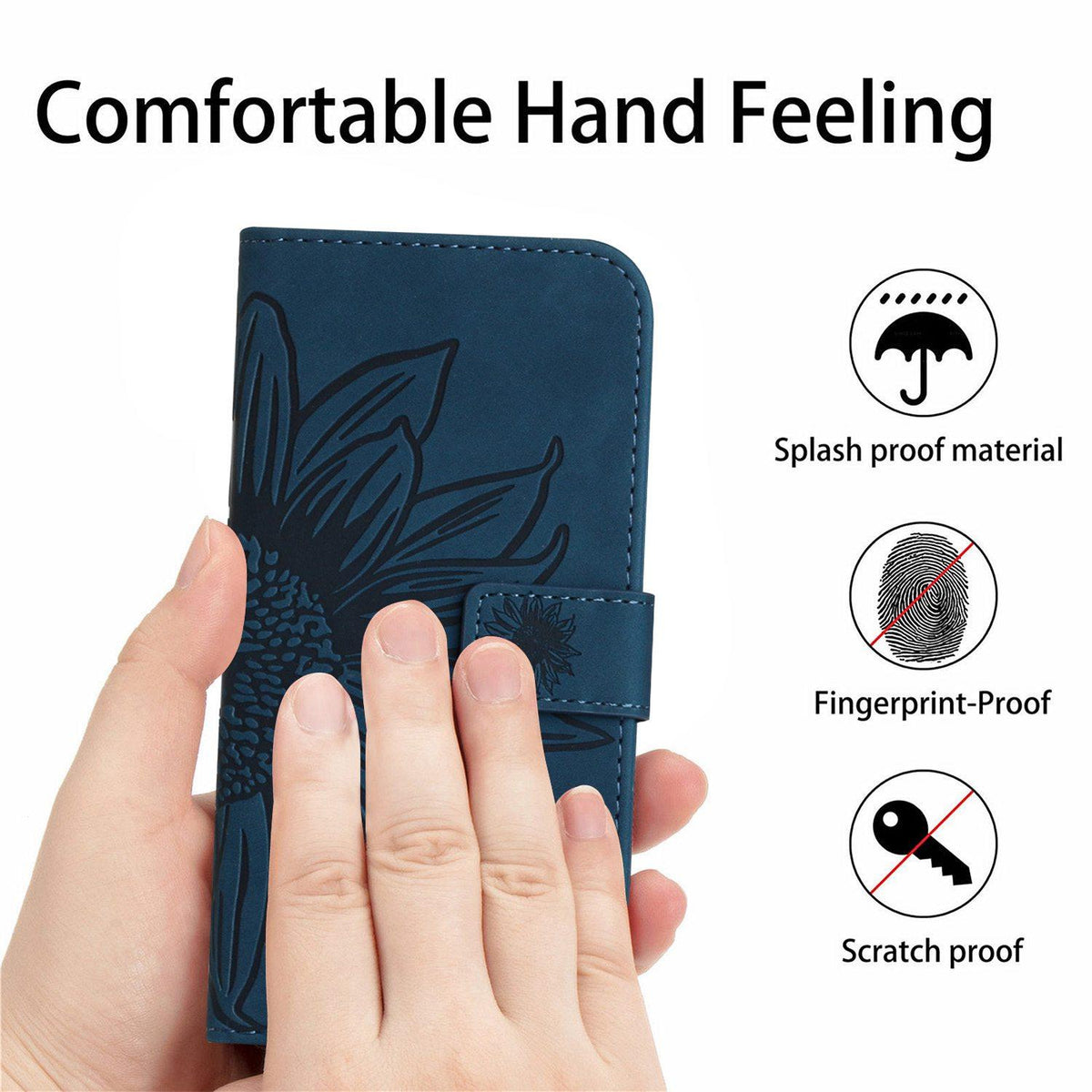 Compatible with iPhone 18 Pro Max & 17 Pro Max Skin Feel Sun Flower Embossed Flip Leather Phone Case with Lanyard - Inky Blue