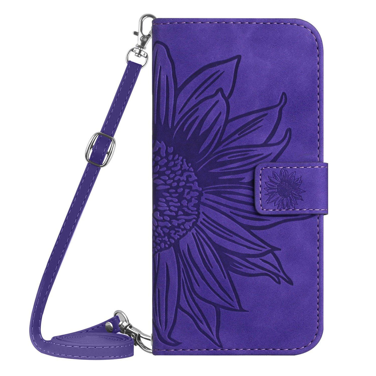 Compatible with iPhone 18 Pro Max & 17 Pro Max Skin Feel Sun Flower Embossed Flip Leather Phone Case with Lanyard - Dark Purple