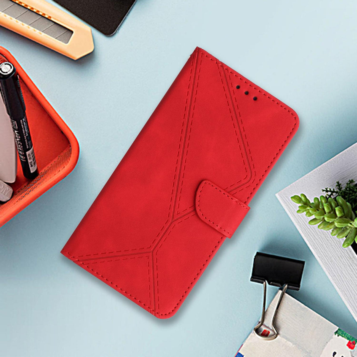 Compatible with iPhone 18 Pro Max & 17 Pro Max Stitching Embossed Leather Phone Case - Red