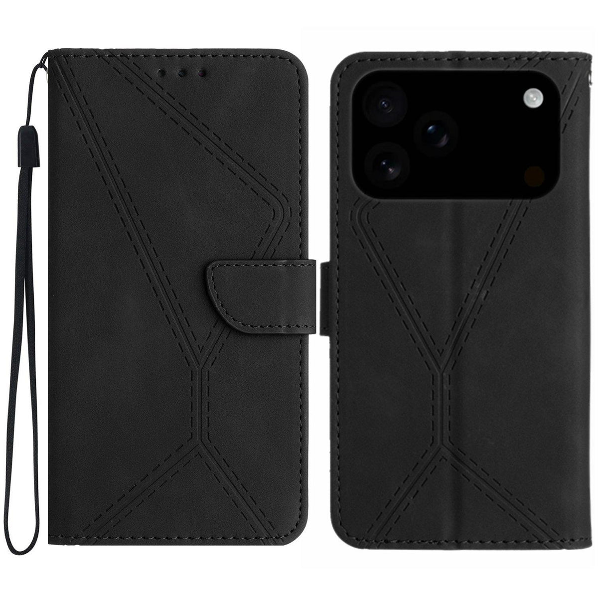 Compatible with iPhone 18 Pro Max & 17 Pro Max Stitching Embossed Leather Phone Case - Black